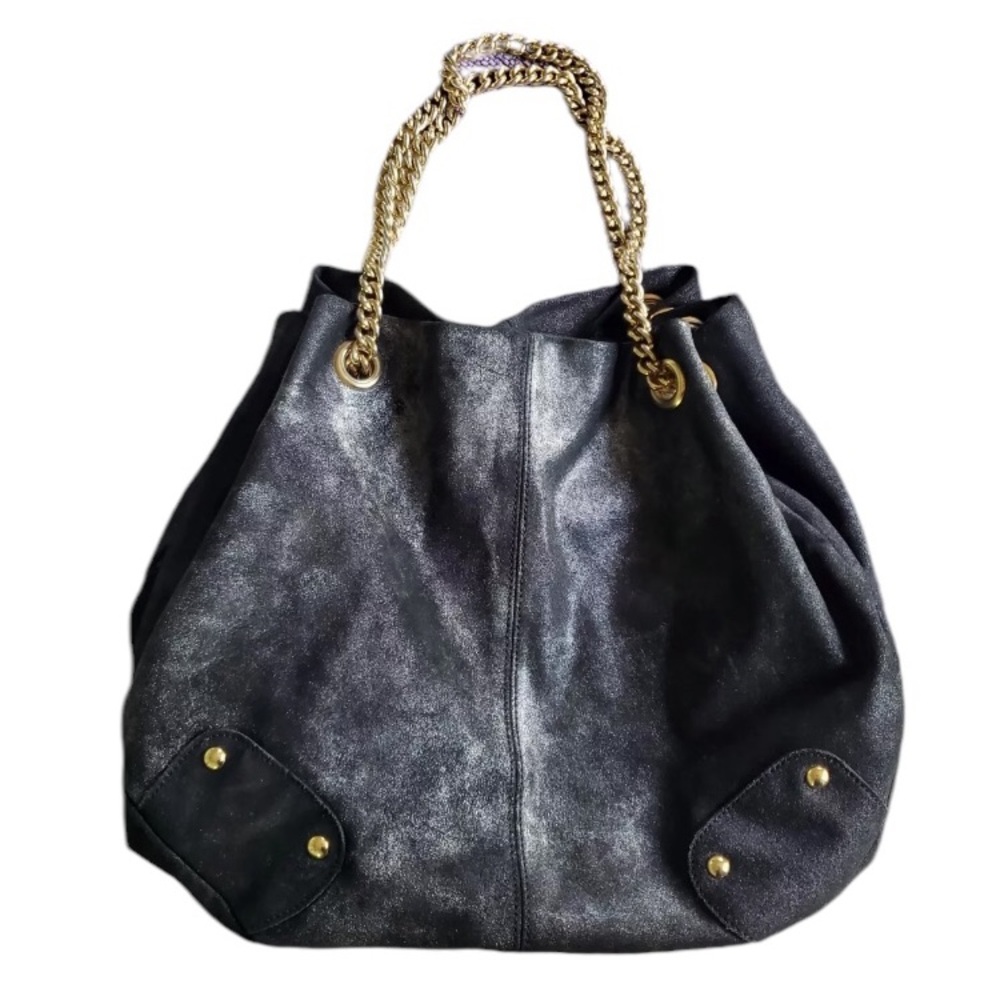 Maurizio Taiuti large black metallic leather bag gold chain adjustable straps